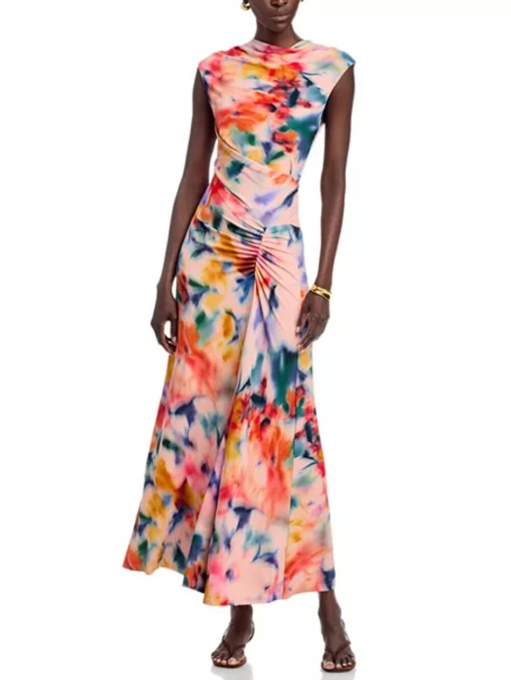Floral Watercolor Maxi Dress in Pink Multi - Elegant Ruched Waist